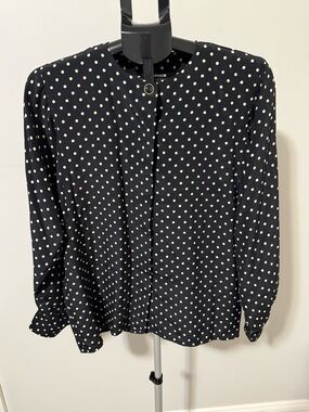Ungaro Silk Feel Blouse Womens 12 Black Polka Dot Hidden Button Made Italy